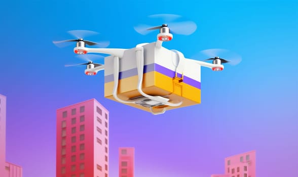 concept air drone deliver delivery fast cardboard background helicopter fly blue flight cargo blue technology propeller speed parcel aircraft wireless package. Generative AI.