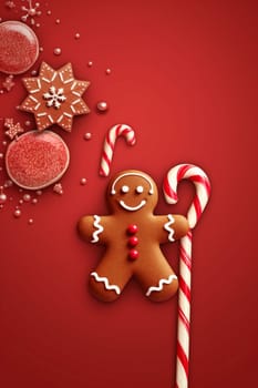 new man ornament cookie gingerbread food background homemade red decor cute december season holiday pastry christmas cake decoration sweet winter merry tree. Generative AI.