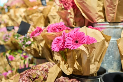 Flower shop, close-up of fresh flowers in buckets, pink gerberas. Floristics, small business, flower decoration of apartments, houses, offices, gifts for holidays, summer autumn season