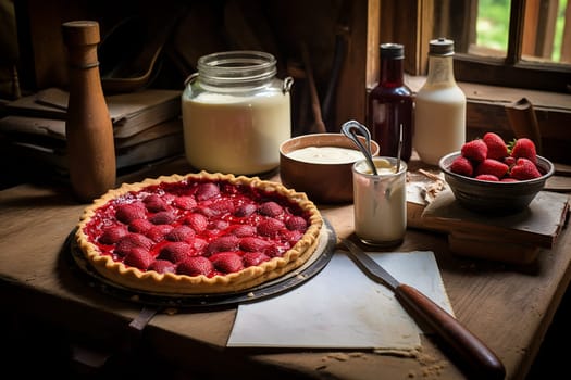 selective focus. Strawberry pie garnished with fresh strawberries. Homemade strawberries cake with strawberries. Decorated with berries. birthday cake. rural, rustic table