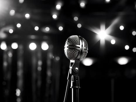 Detail to a microphone on the stage with glowing blurred background