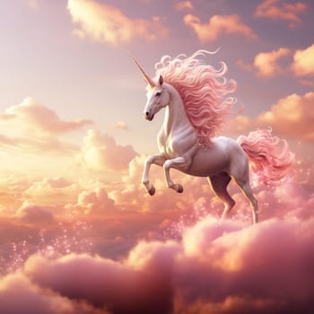 Lovely unicorn jumping on a pink clouds, pink effects around