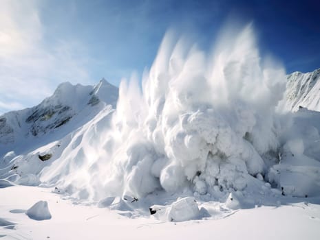 Strong avalanche with ice and snow rolling down from a glacier or hill, nature concept