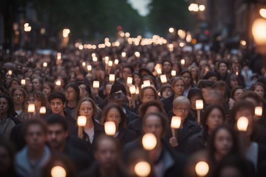 big crowd of people march at sunset hold candlelights for peace,women rights, sunset in the city generative ai art