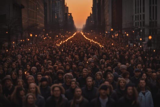 big crowd of people march at sunset hold candlelights for peace,women rights, sunset in the city generative ai art