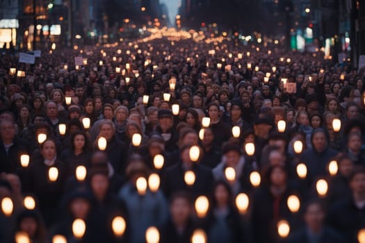 big crowd of people march at sunset hold candlelights for peace,women rights, sunset in the city generative ai art