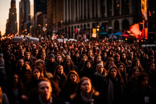 big crowd of people march at sunset hold candlelights for peace,women rights, sunset in the city generative ai art