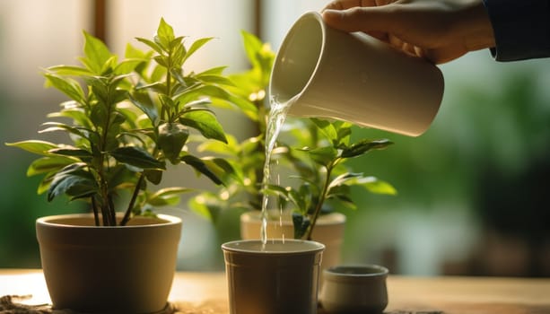 Indoor Plant Maintenance. Watering a Green Plant in a Pot in a Home Office. A person is watering a small green plant in a pot on a wooden desk in a home office. The plant pots are real and natural.