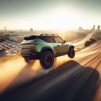 modern suv crossover jeep go fast in city suburbs, sunrise, motion blur, golden hour, off road generative ai art