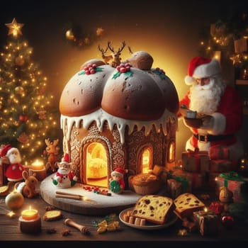 santa claus bake panettone italian christmas sweet cake in xmas atmospehere generative ai art