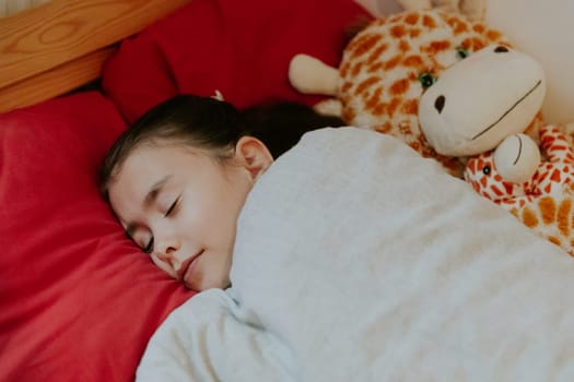 One beautiful little Caucasian girl sleeps sweetly in a wooden bed, wrapped in a gray blanket on a red pillow with a soft giraffe toy, close-up top view.