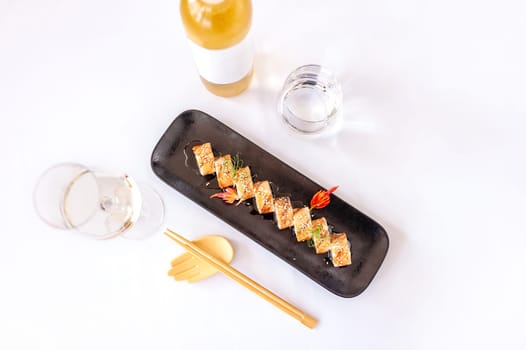 American Canada sushi rolls with unagi and salmon. High quality photo