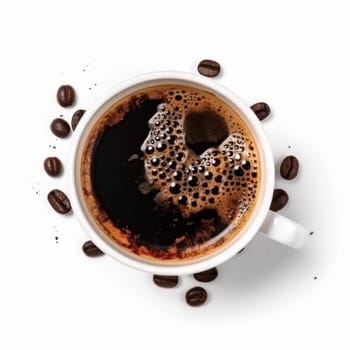 A single cup of coffee with froth and a handle, viewed from above, isolated on a white background. AI Generative.