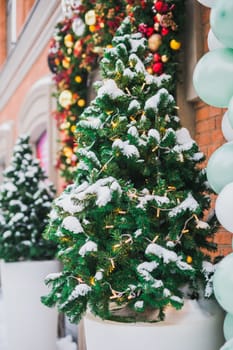 Decorated christmas tree outdoor in store window with snow. Winter holidays and decor xmas