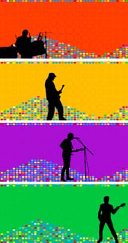 Set of colourful banners with musicians of a rock band