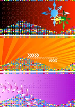 Set of bright abstract banners: orange, red and violet