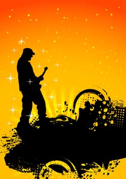 Bright contrast background: blots, beams, circles and guitarist