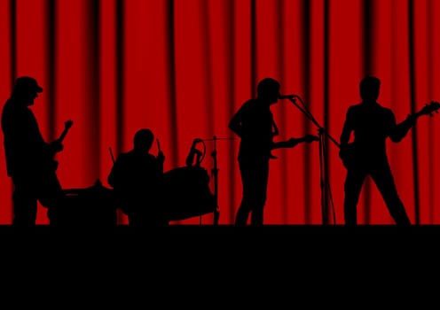 Music background, black silhouettes against a red curtain