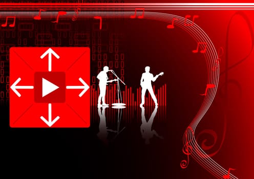Bright red-black background with musicians and notes