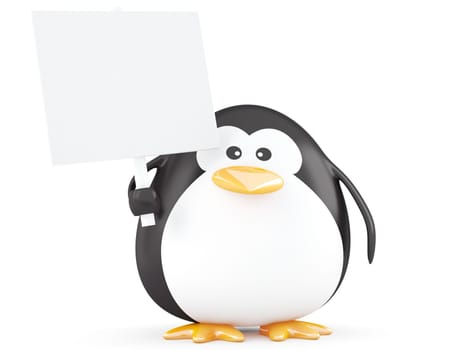 Fat penguin with empty board on white background