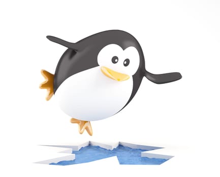 Fat penguin diving into ice hole - 3D render