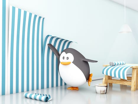 Fat penguin attaching wallpaper - 3D render