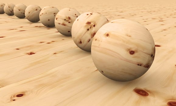 Wooden balls in a row - Spruce with knots