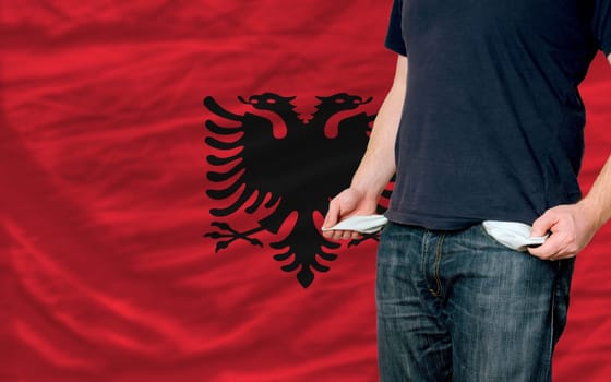 poor man showing empty pockets in front of albania flag