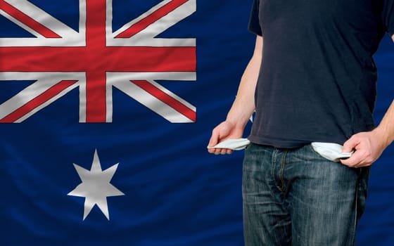 poor man showing empty pockets in front of australia flag
