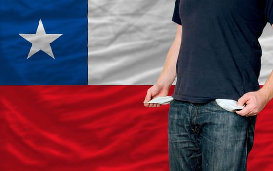 poor man showing empty pockets in front of chile flag