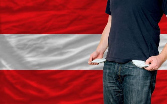 poor man showing empty pockets in front of austria flag