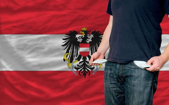 poor man showing empty pockets in front of austria flag