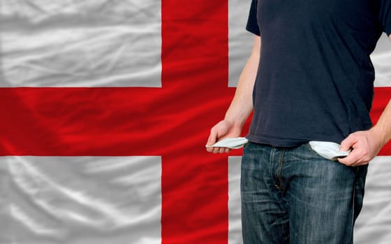 poor man showing empty pockets in front of ecuador flag