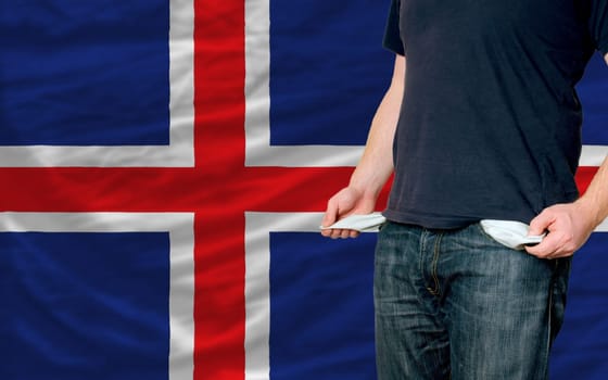 poor man showing empty pockets in front of iceland flag