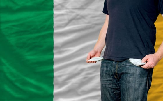 poor man showing empty pockets in front of ireland flag