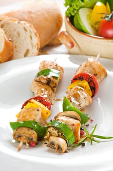 Grilled chicken with vegetables on stick close up