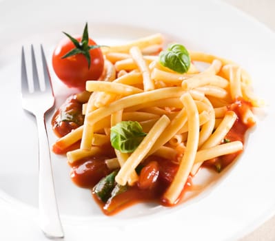Maccronelli pasta with tomato sauce and basil