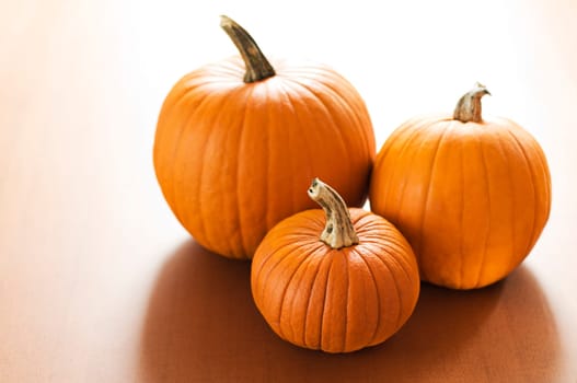 Three orange pumpkins on the table close up