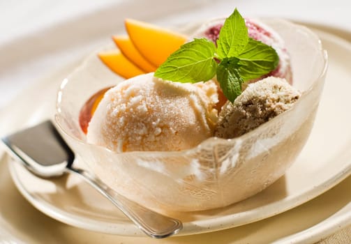 fresh mixed ice cream in a bowl close up
