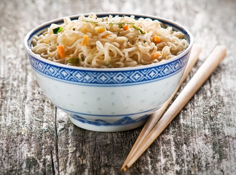prawn flawor asian soup with noodles close up shoot