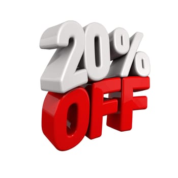 Twenty Percent Automatic Reduction. 3d text for 20% OFF in red and white angled obliquely away from camera isolated on white