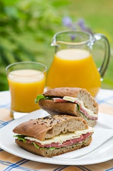 Fresh prosciutto sandwich with juice close up