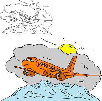 vector - Airplane over mountains , isolated on background