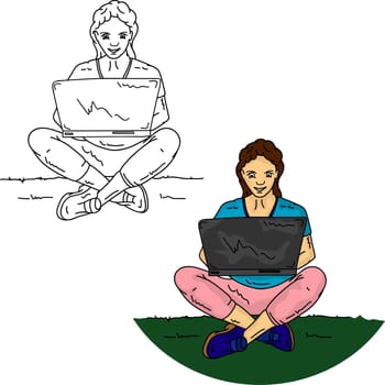 Vector - Girl sitting on grass with notebook, isolated on background