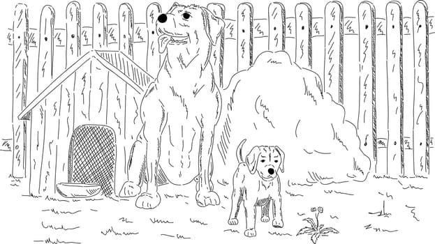 vector - dogs in the garden in front of kennels