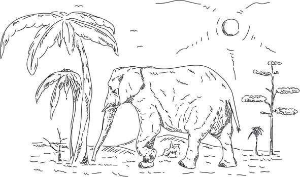 vector - The elephant walking landscape with trees
