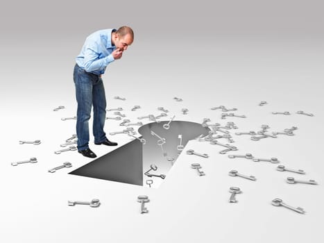young businessman look down in hole key