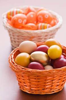 Easter eggs in basket close up shoot