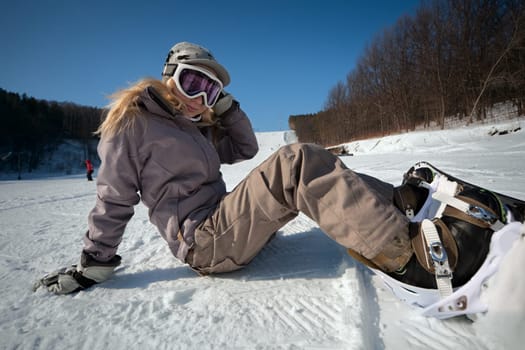 Girl  snowborder, Belokurikha, winter resort.