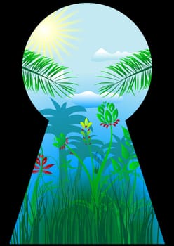 Keyhole in tropics with palm trees and flowers